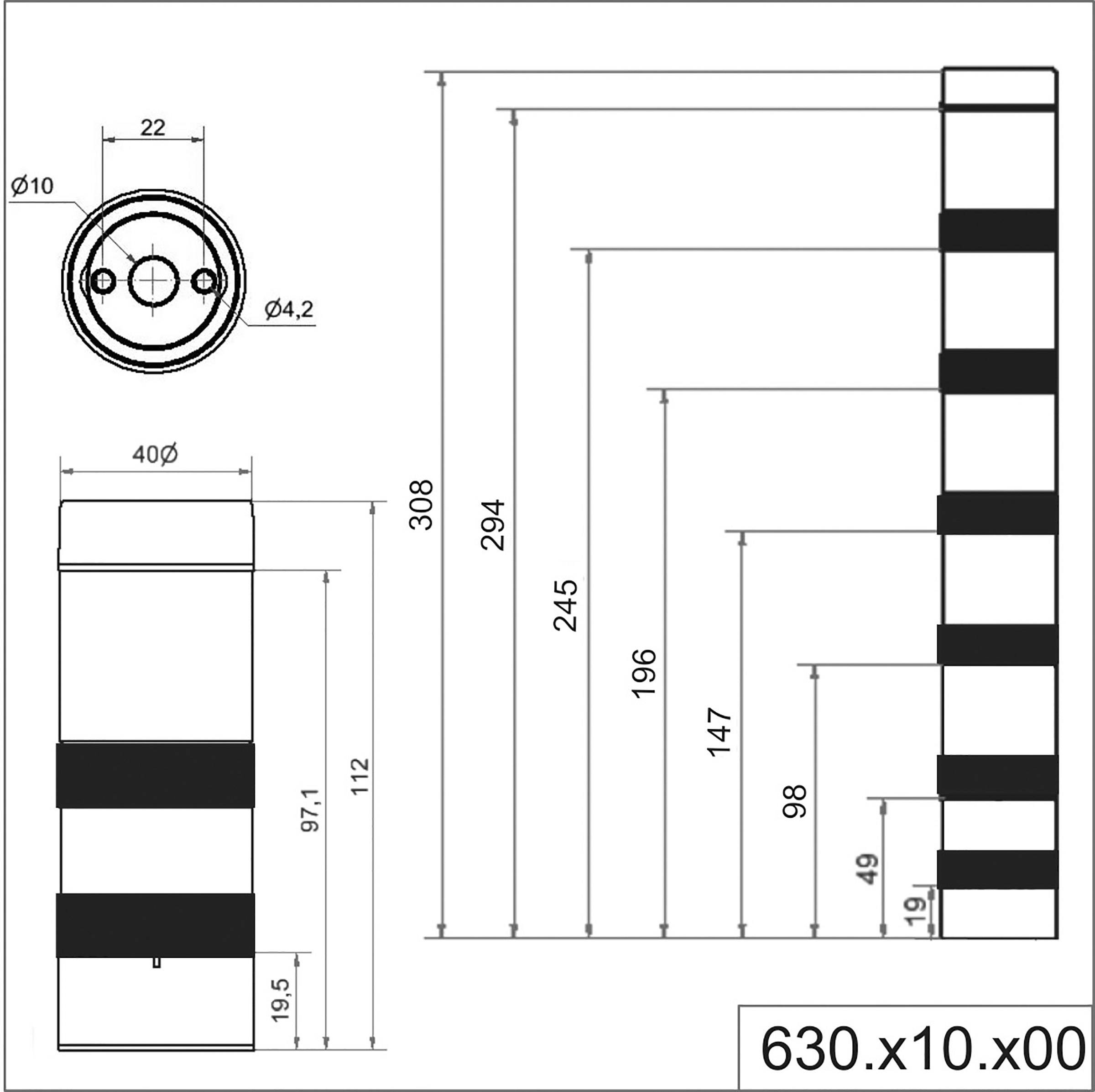 Tehnički crtež cilindričnog objekta s mjerama u milimetrima. Prikazuje prednji i bočni pogled s detaljnim dimenzijama.