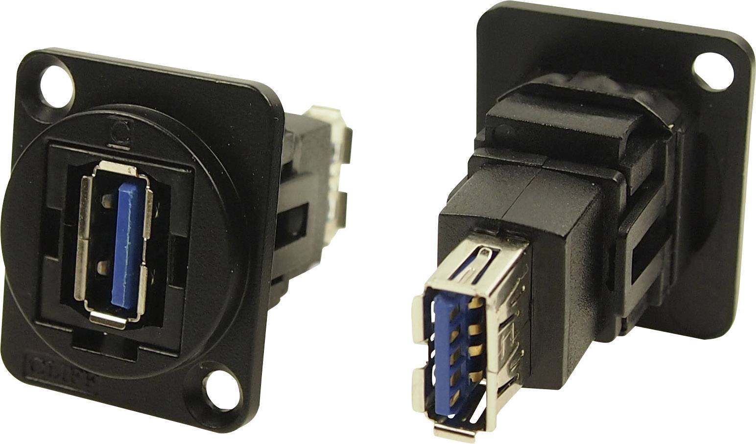 Dvije crne USB 3.0 priključne utičnice, jedna prikazana frontalno, a druga sa strane. Namijenjene su ugradnji u kućište.