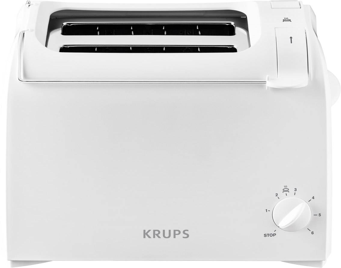 Bijeli toster s dva otvora za kruh, regulatorom temperature i tipkom za zaustavljanje. Naziv marke 'KRUPS' vidljiv je na prednjoj strani.