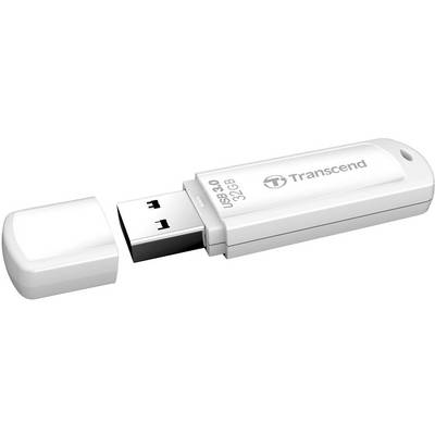 Bijeli USB stick s natpisom 'USB 3.0 32 GB Transcend', skidena kapa, prikazuje USB utikač.