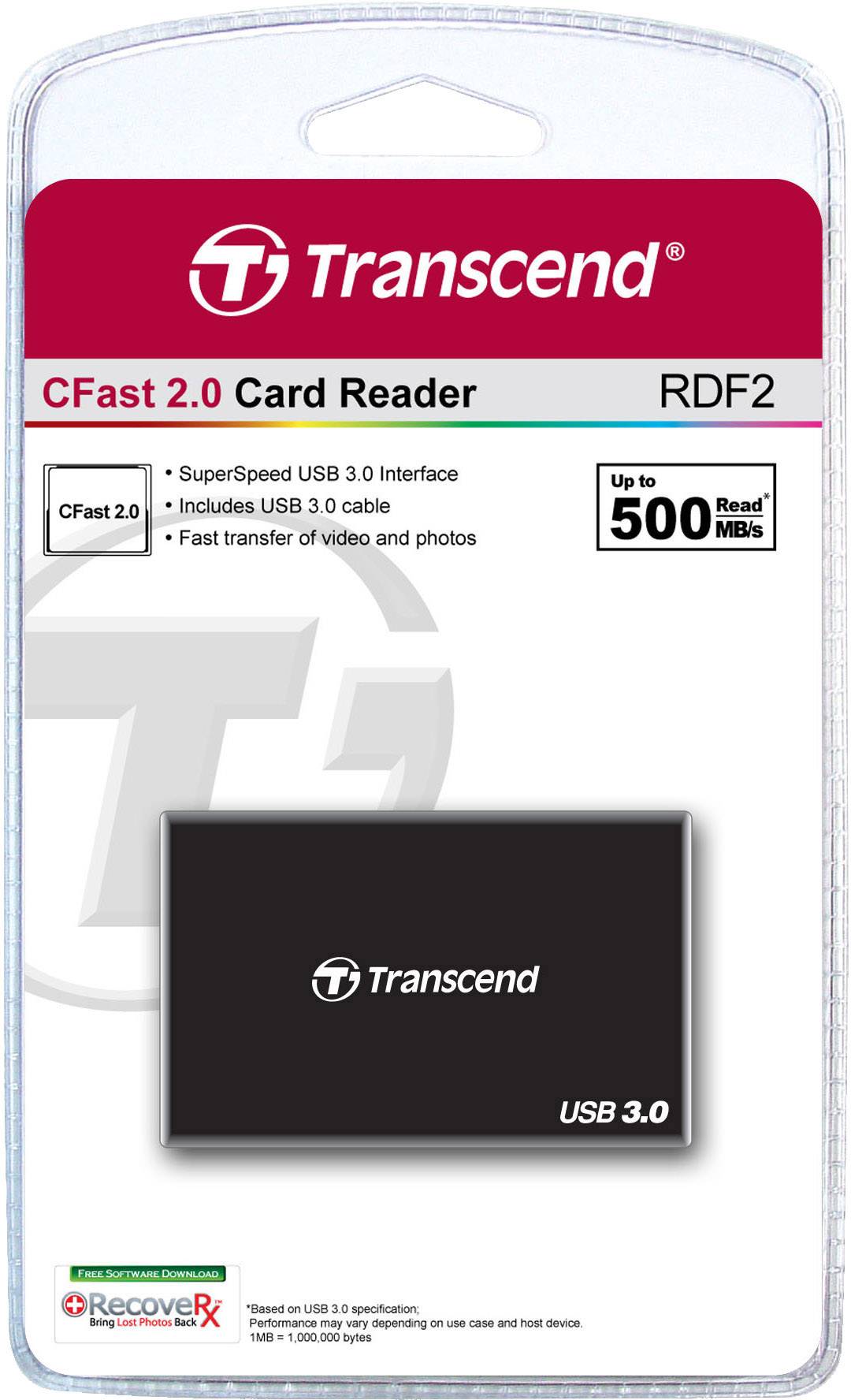 Transcend CFast 2.0 čitač kartica u pakiranju. Podržava USB 3.0, nudi brz prijenos videozapisa i fotografija do 500 MB/s.