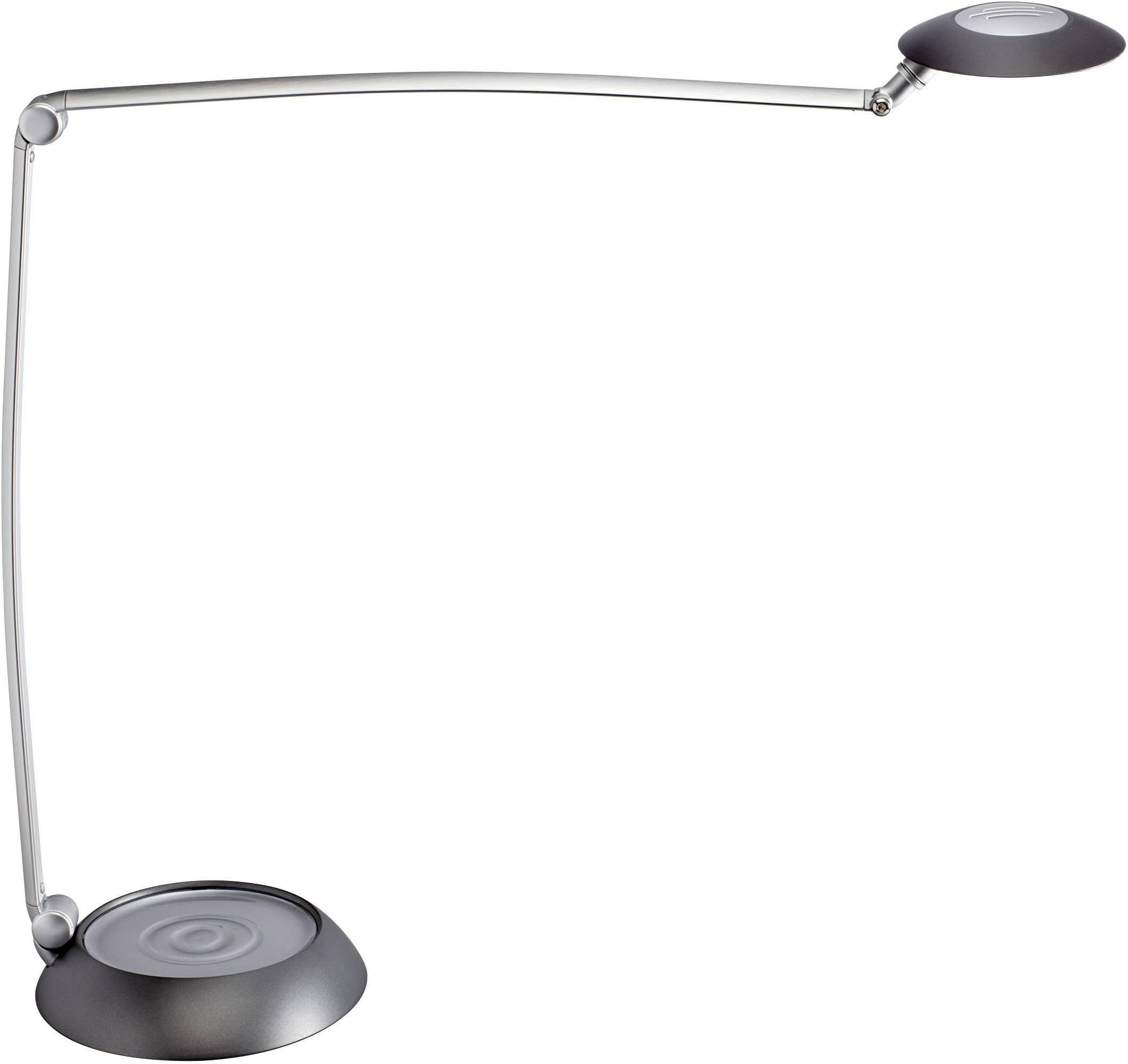 Srebrna, moderna stolna lampa s podesivom rukom i okruglim sjenilom na bijeloj pozadini.