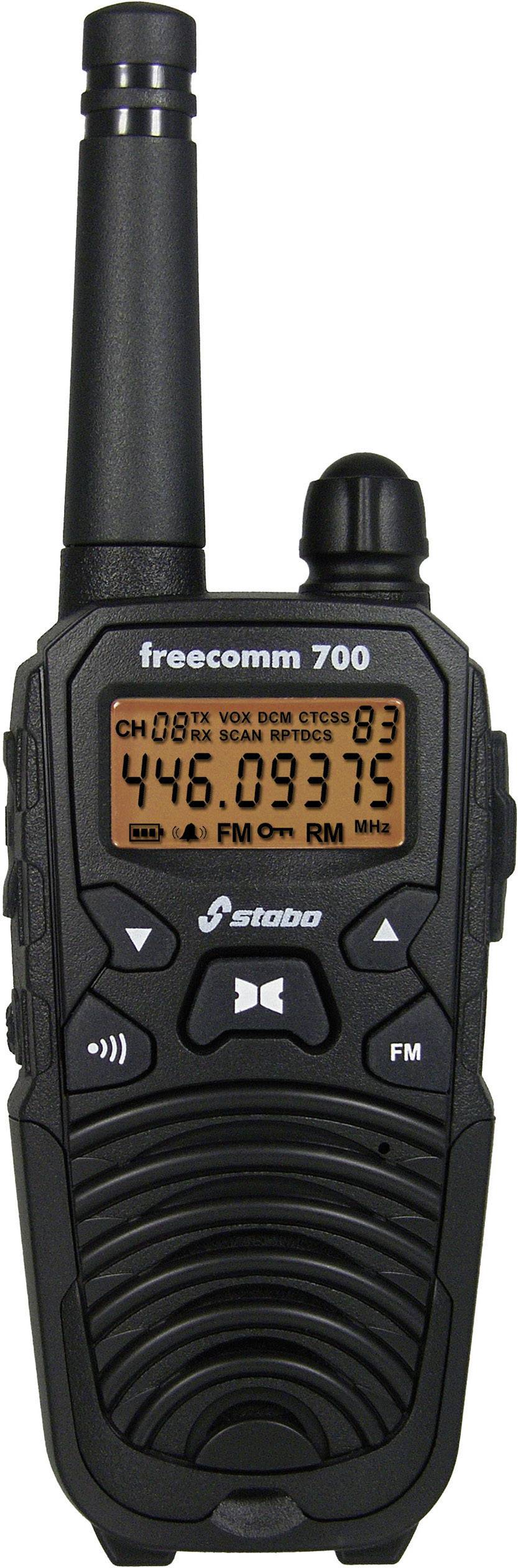 Ručna radio stanica s ekranom, prikazuje 'freecomm 700' i kanal '83' na '446.09375' MHz. Tipke za upravljanje ispod zaslona.