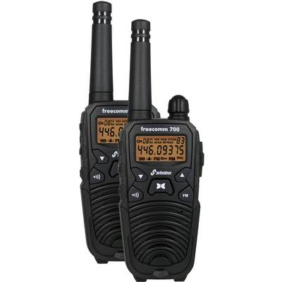 Dva crna radio uređaja s antenama, model 'freecomm 700'. Oba zaslona prikazuju frekvenciju 446.09375 MHz.