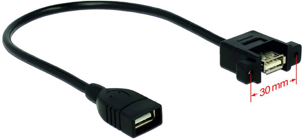 USB produžni kabel s jednim utikačem i jednom utičnicom, duljina od utikača do utičnice iznosi 30 mm.