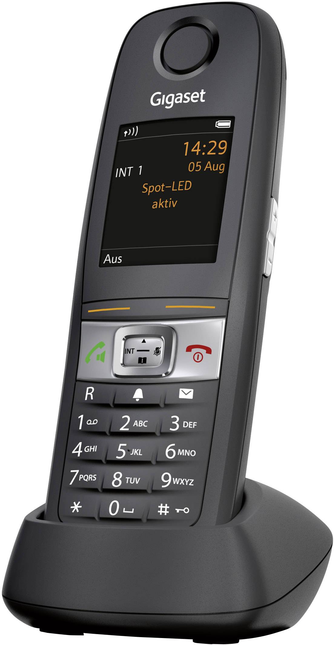 Bežični telefon koji stoji na punjačkoj stanici. Zaslon prikazuje vrijeme, datum '05. srp' i status 'Spot-LED aktivan'.