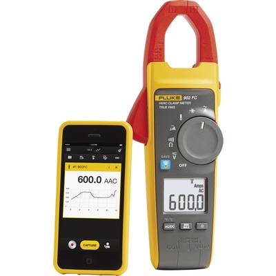 Strujne klešta Fluke 902 FC s digitalnim prikazom od 600 ampera AC. Pametni telefon prikazuje pripadajuću aplikaciju za mjerenje podataka. Pogodno za elektrićare.