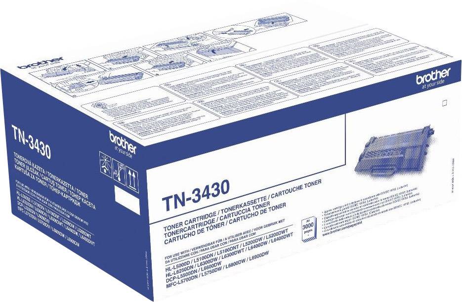 Tonerska kaseta TN-3430 tvrtke Brother u plavoj ambalaži, s specifikacijama proizvoda i pisača na prednjoj strani.