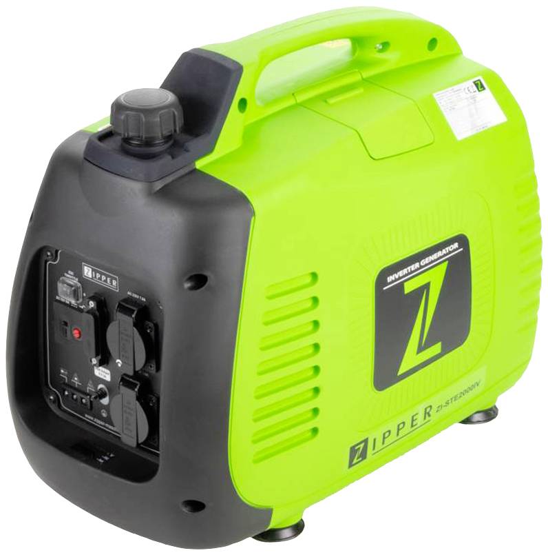 Zeleni prijenosni inverterski generator marke Zipper, pogled sa strane s upravljačkom pločom i ručkom.