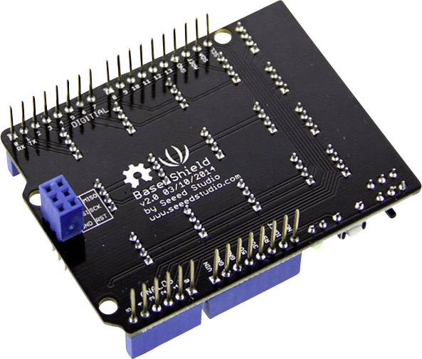 Crna elektronička tiskana ploča s plavim priključcima i zlatnim pinovima. Natpis: 'Base Shield v2.3 za Arduino'.