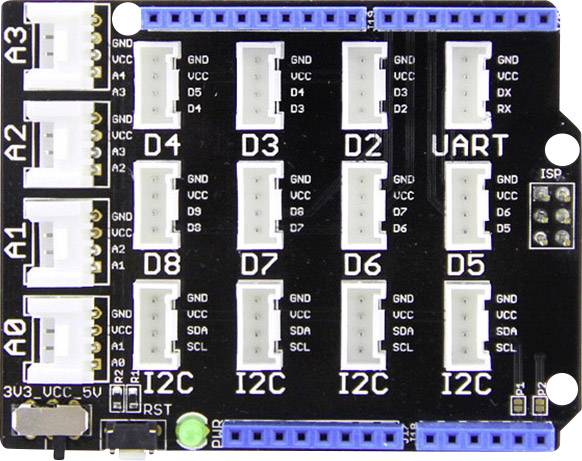 Crna tiskana pločica s više bijelih i plavih utora, označenih natpisima 'A0', 'A1', 'A2', 'D4', 'D3', 'D2', 'I2C', 'UART'.