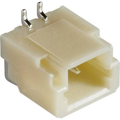 Plastični utikač u bež boji s dva metalna pina, otvor prema desno. Koristi se za električne spojeve u uređajima.