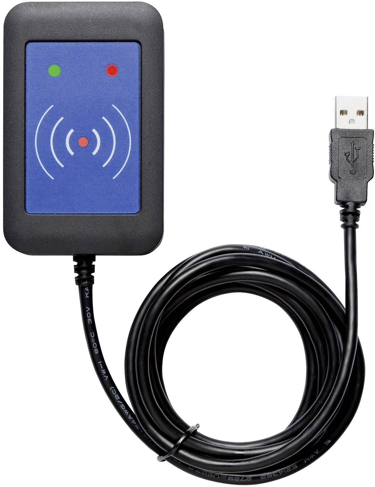 Vanjski USB čitač kartica s plavim kućištem i crnim kabelom. Dva LED indikатora: jedan zeleni i jedan crveni. Uređaj za RFID kartice.