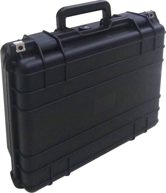 Crn, čvrst kofer s ručkom, očito dizajniran za siguran prijevoz osjetljivih predmeta.