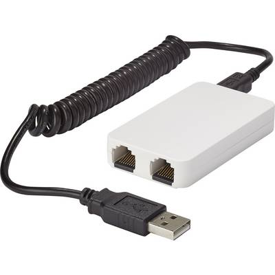 Bijeli Ethernet adapter s dva RJ45 priključka i spiralnim USB kabelom za povezivanje s računalom.