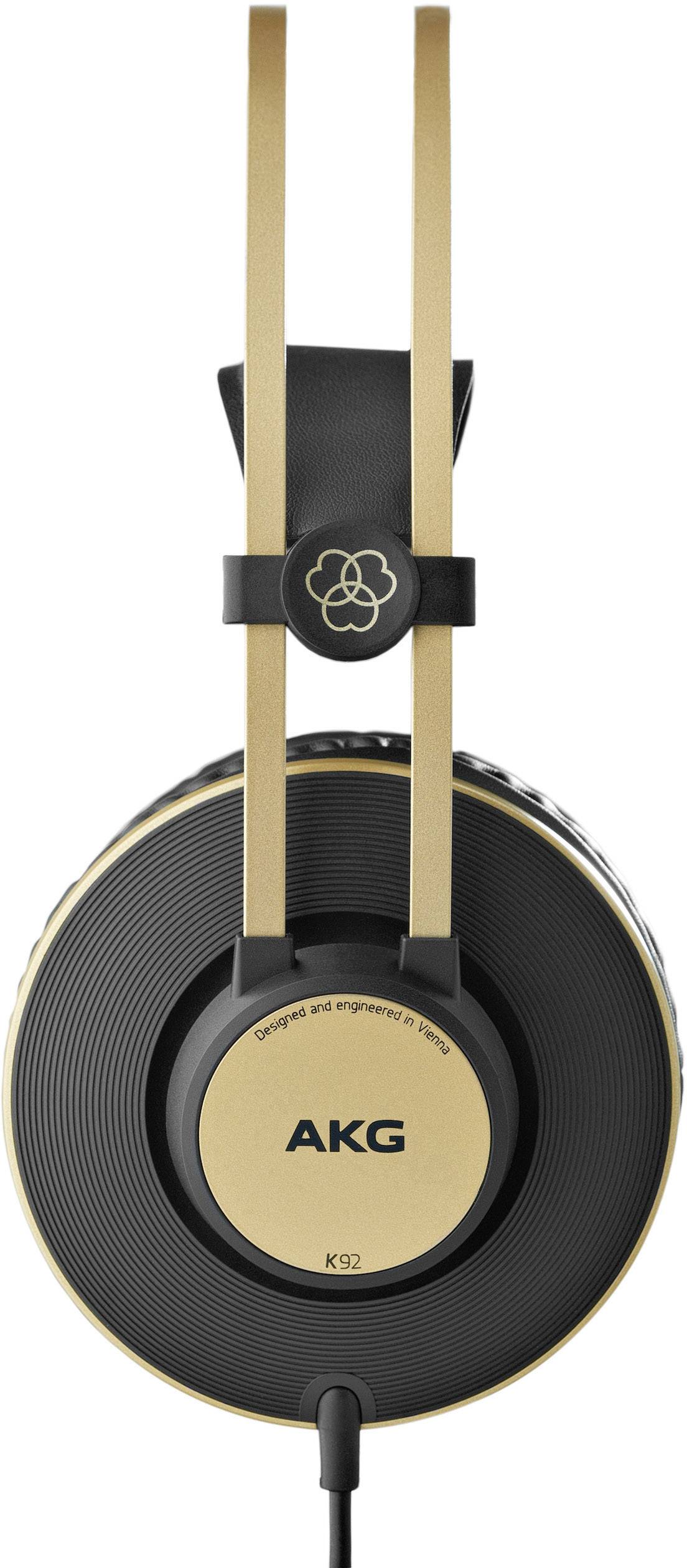 Crni i zlatni over-ear slušalice marke AKG, model K92, izrađeni od crnog plastičnog materijala sa zlatnim naglascima i vidljivim logotipom sa strane.