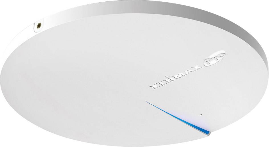 Bijeli, okrugli WLAN access point s natpisom 'Edimax Pro' na površini, montiran na stropu.