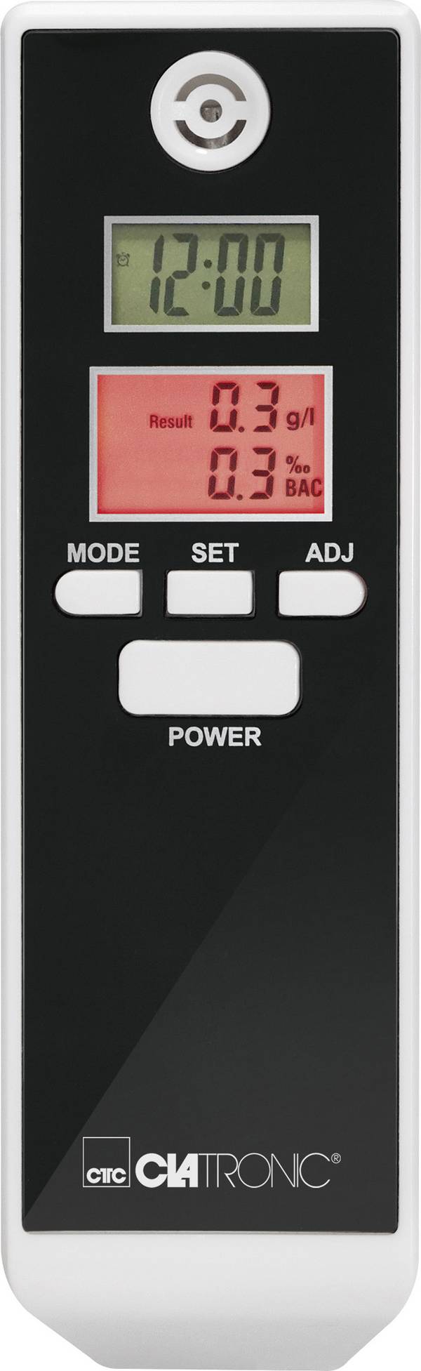 Clatronic AT 3605 tester na alkohol bijela, crna 0.0 do 1.9 ‰ uključujući zaslon, mogući prikaz različitih jedinica, sat, prikaz temperature , funkcija odbrojavanja