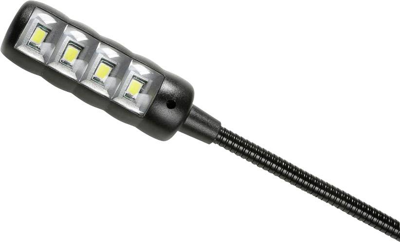 Crna LED lampa sa četiri vidljive žarulje na fleksibilnom labuđem vratu.