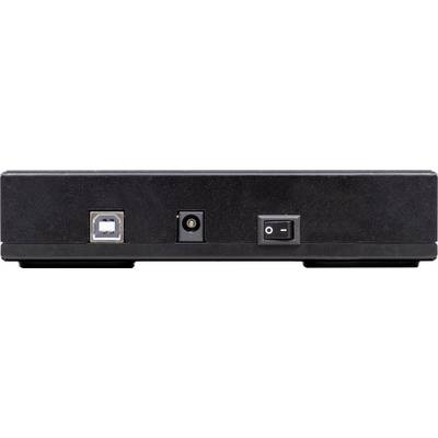 Crni elektronički uređaj s USB priključkom, utičnicom za napajanje i tipkom za uključivanje/isključivanje na prednjoj strani.