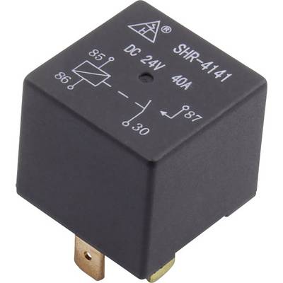 Crno elektromehničko relej s natpisom 'SHR-4141', 'DC 24V 40A', prikazuje simbol sheme spajanja s priključcima 85, 86, 30, 87.