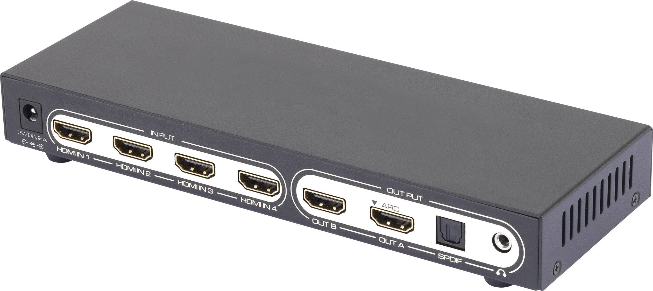Crni HDMI preklopnik s jednim ulaznim i četiri izlazna porta. Služi za distribuciju signala na više uređaja.