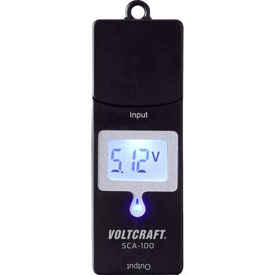 Mjerni uređaj za napon s plavim zaslonom prikazuje '5,12V'. Oznake gore i dolje su 'Input' i 'Output'. Marka: Voltcraft SCA-100.