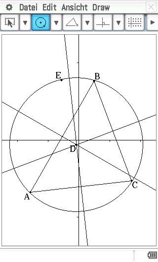 Krug s točkama A, B, C, D, E. Linije povezuju točke i sijeku se unutar kruga, čineći geometrijske oblike.