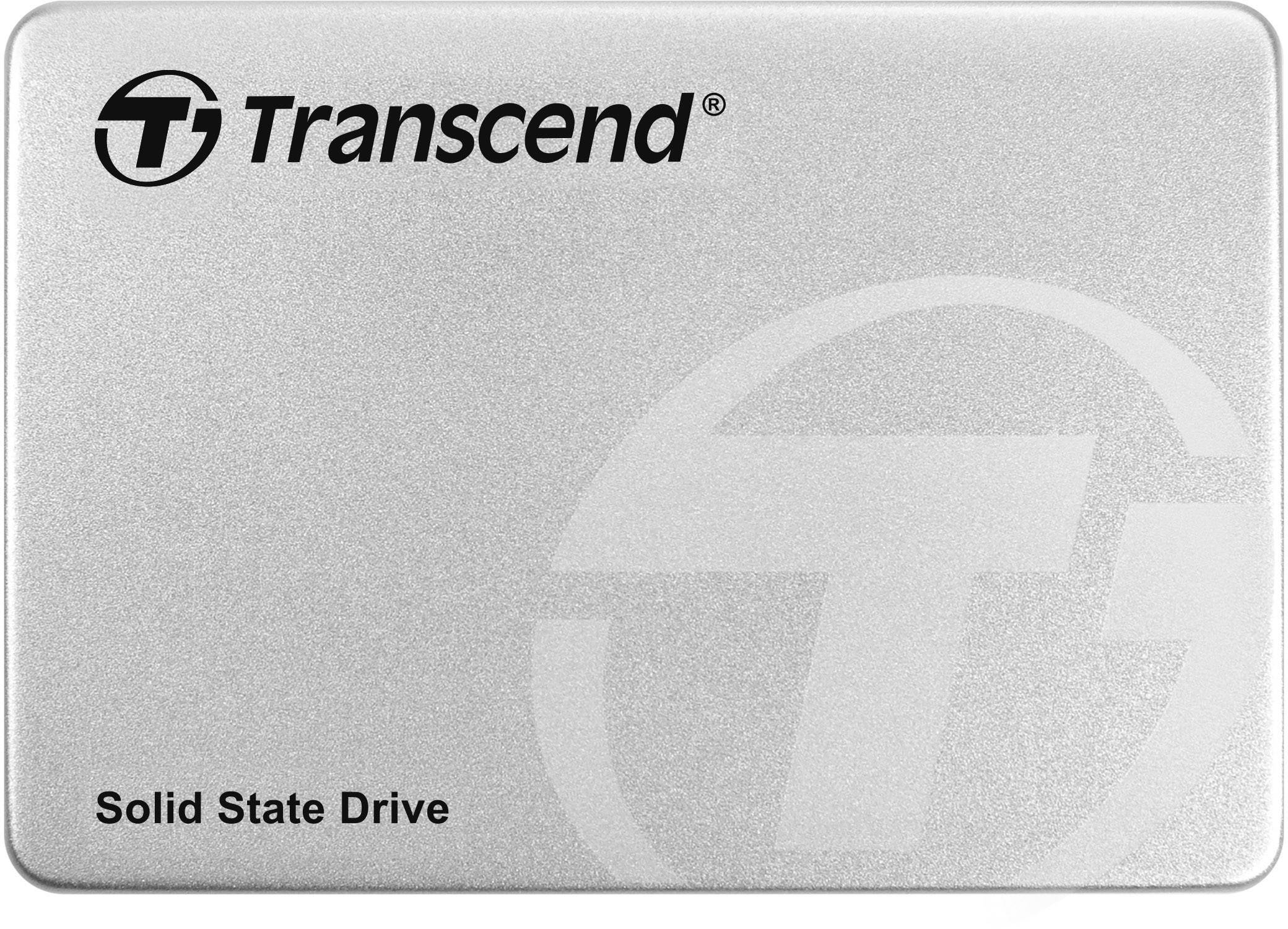 Srebreni Solid State Drive od Transcenda s logotipom i natpisom 'Solid State Drive' na prednjoj strani.