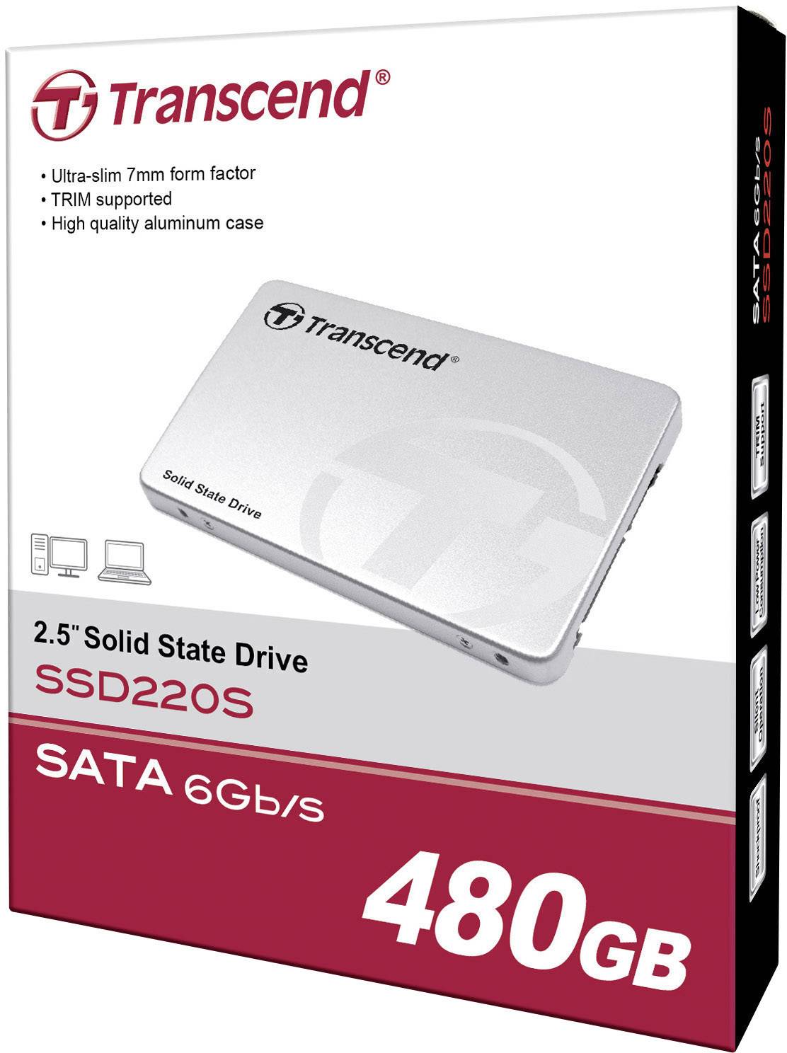 Transcend 2,5-inčni SSD220S Solid State Drive, 480GB, SATA 6Gb/s. Ambalaža u bijeloj, srebrnoj i crvenoj boji, prikazuje sliku proizvoda.