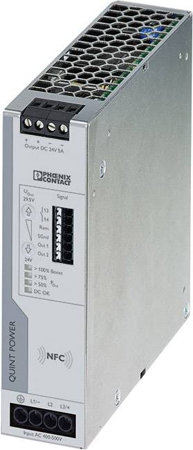 Industrijski mrežni napajač Phoenix Contact s NFC opcijom, isporučuje 24V DC pri 5A. Kućište od metala s ventilacijskim otvorima.
