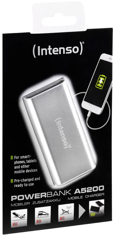 Ambalaža "Intenso Powerbank A5200" sa slikom proizvoda, pogodan za pametne telefone i tablete. Dostupan i trenutno spreman za upotrebu.