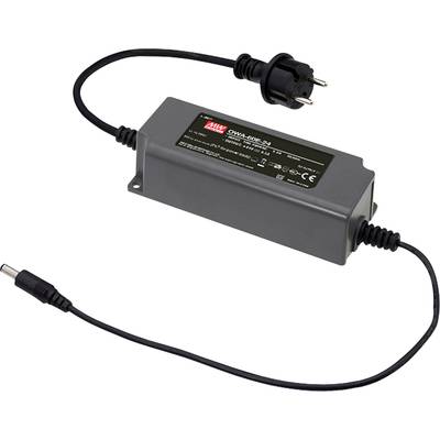 Crni mrežni adapter s mrežnim kabelom i utikačem na lijevoj strani te električnim priključkom na desnoj strani.