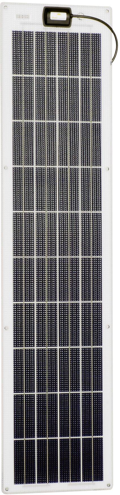 Uski, izduženi solarni panel s nekoliko crnih ćelija u redovima. Gore priključni kabel. Idealan za solarnu upotrebu koja štedi prostor.