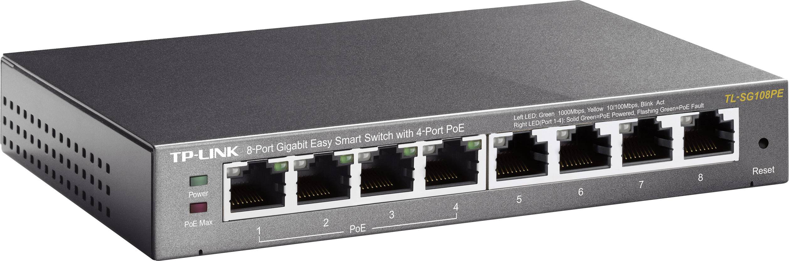 TP-Link 8-portni Gigabitni Easy Smart Switch' na sivom kućištu, s 8 Ethernet priključaka i PoE podrškom.