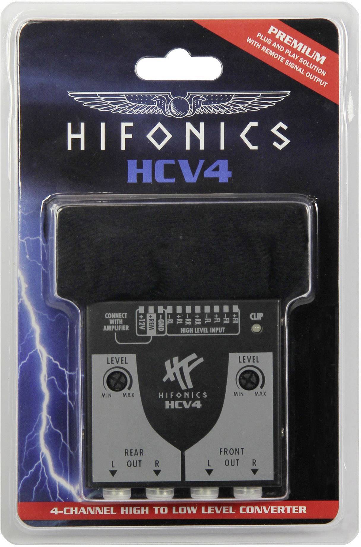 Ambalaža 4-kanalnoga High-to-Low-Level konvertera marke Hifonics HCV4, pogodan za spajanje pojačala.