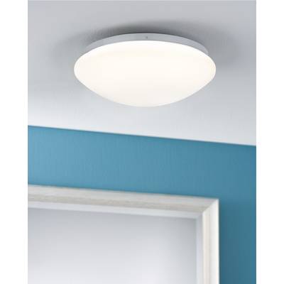 Okrugla, moderna stropna lampa emitira toplo svjetlo u prostoriji s tirkiznom bojom zida i svijetlim rubom vrata.