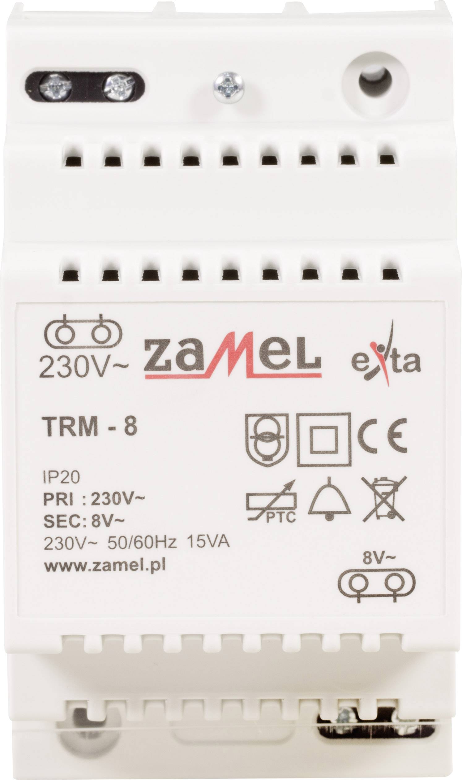 Elektronički transformator TRM-8 od Zamela za halogene žarulje, ulazni napon 230V, izlaz 8V, zaštita IP20, montaža na DIN šinu.