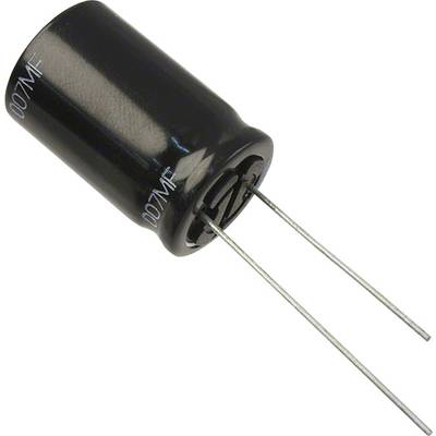 Crni elektrolitički kondenzator s dva metalna priključka za upotrebu u elektroničkim sklopovima. Oznaka pokazuje kapacitet.