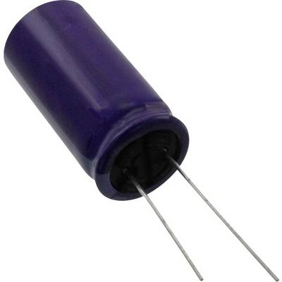 Plavi cilindrični kondenzator s dva istaknuta metalna priključka. Komponenta uređaja u elektroničkim sklopovima.