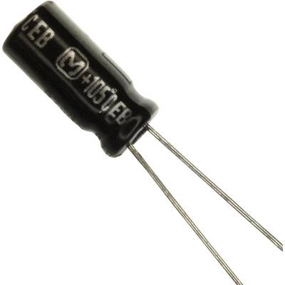 Crni elektrolitički kondenzator s dva duga žičana priključka, otisnuto '105°C'.