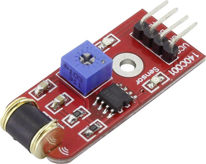 Crveni elektronički modul s plavim potenciometrom, nekoliko priključaka i crnim integriranim strujnim sklopom na tisknoj pločici.