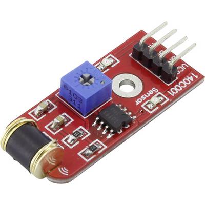 Crveni elektronički modul s plavim potenciometrom, nekoliko priključaka i crnim integriranim strujnim sklopom na tisknoj pločici.