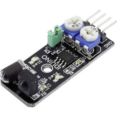 Arduino infracrveni senzorski modul s dva plava okretna potenciometra i konektorima, korišten za mjerenje udaljenosti.