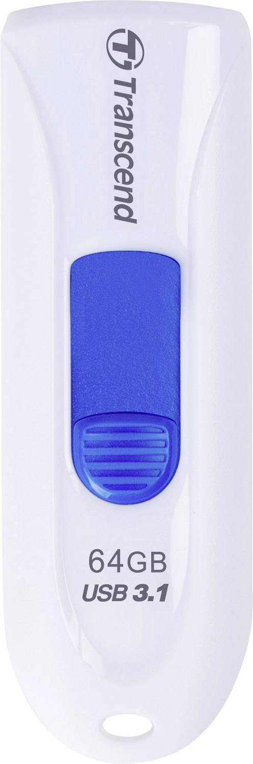 Bijeli USB stick s plavom kliznom funkcijom, 64 GB prostora za pohranu, podržava USB 3.1. Marka: Transcend.