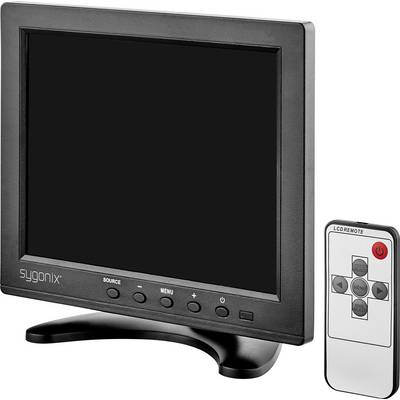 Crni Sygonix monitor s daljinskim upravljačem u bijeloj i sivoj boji. Zaslon je isključen, a monitor stoji na stolu.