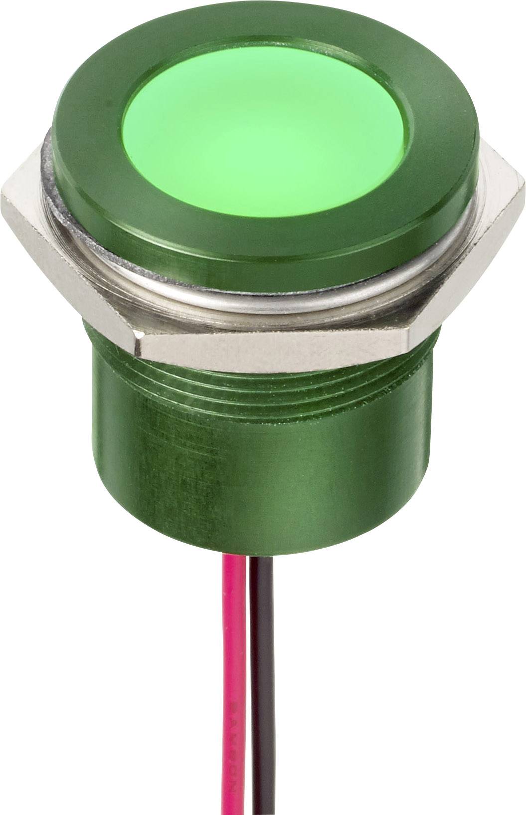 Zelena LED kontrolna lampica u okruglom metalnom kućištu s dva kabla za napajanje strujom pri dnu.