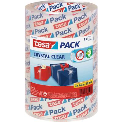 Tri role Tesa pakirne ljepljive trake „Crystal Clear". Dizajn pakiranja prikazuje ukrasne vrpce, simbol za smanjenje buke i bez otapala.