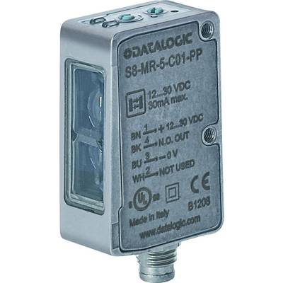 Metalni senzor Datalogic S8-MR-5-C01-PP, s tehničkim specifikacijama otisnutim na uređaju, beskontatno detektira objekte, koristi se u industrijskim primjenama.