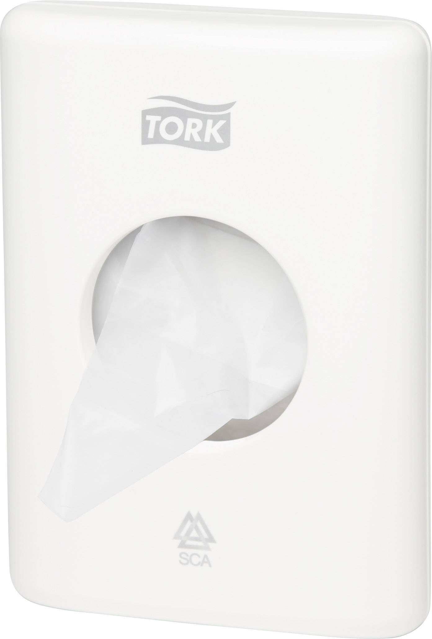 Bijeli dozator papirnatih maramica s istaknutom papirnato maramincom, označen logotipom 'Tork' na vrhu. Dizajniran za higijenske potrebe uzimanja papira.